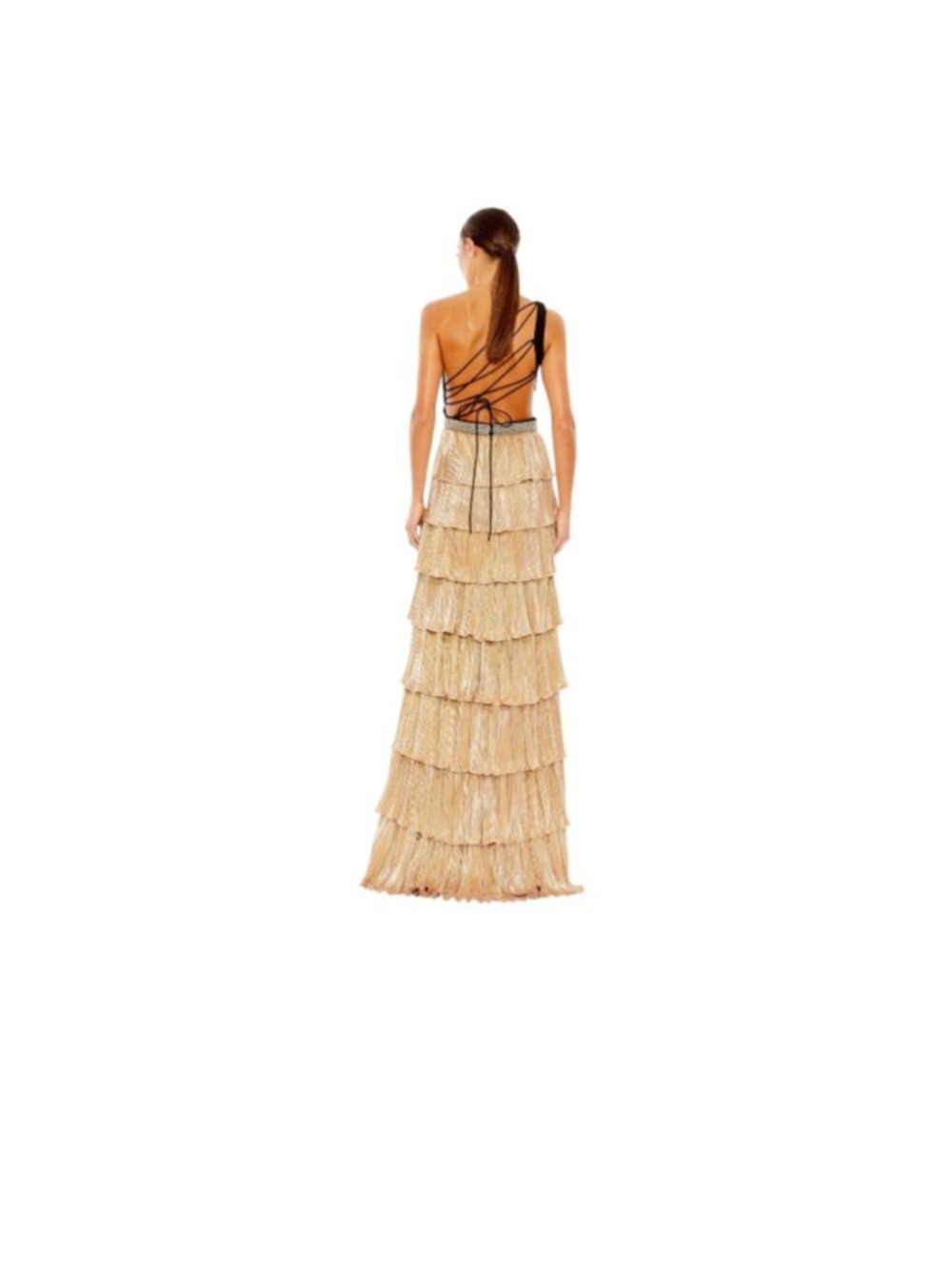 Mac Duggal One Shoulder Gold & Black Tiered Gown, Size 10 - Picture 4 of 17